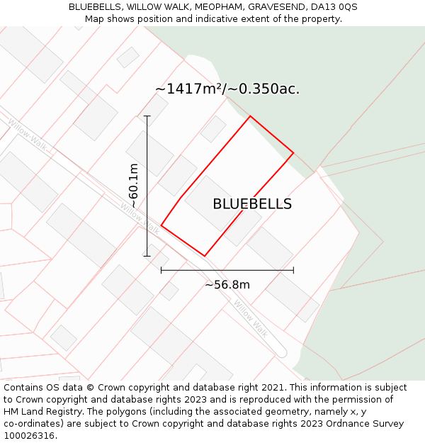 BLUEBELLS, WILLOW WALK, MEOPHAM, GRAVESEND, DA13 0QS: Plot and title map