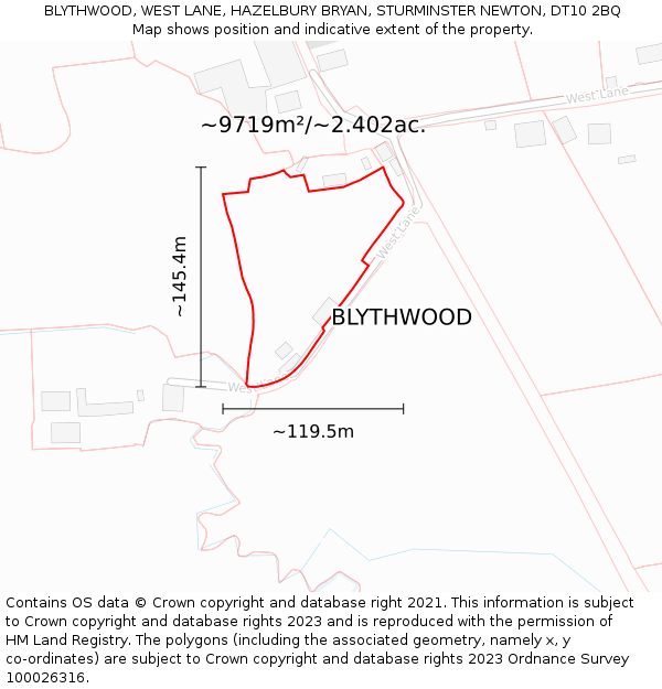 BLYTHWOOD, WEST LANE, HAZELBURY BRYAN, STURMINSTER NEWTON, DT10 2BQ: Plot and title map