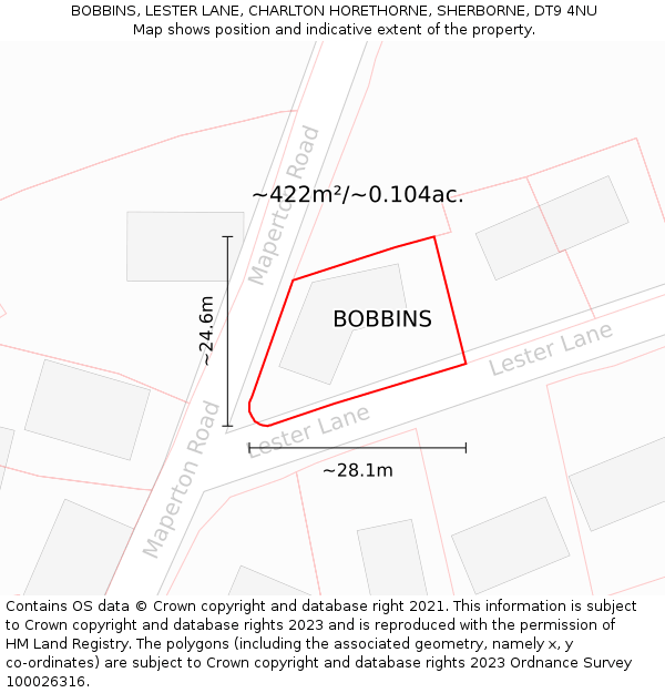 BOBBINS, LESTER LANE, CHARLTON HORETHORNE, SHERBORNE, DT9 4NU: Plot and title map