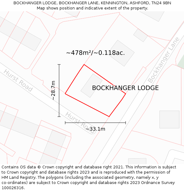 BOCKHANGER LODGE, BOCKHANGER LANE, KENNINGTON, ASHFORD, TN24 9BN: Plot and title map