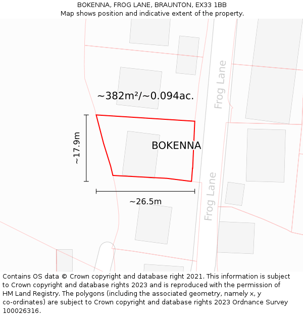 BOKENNA, FROG LANE, BRAUNTON, EX33 1BB: Plot and title map