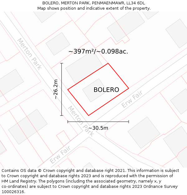 BOLERO, MERTON PARK, PENMAENMAWR, LL34 6DL: Plot and title map