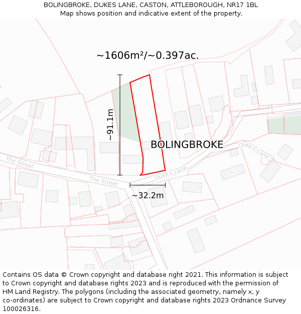 BOLINGBROKE, DUKES LANE, CASTON, ATTLEBOROUGH, NR17 1BL: Plot and title map