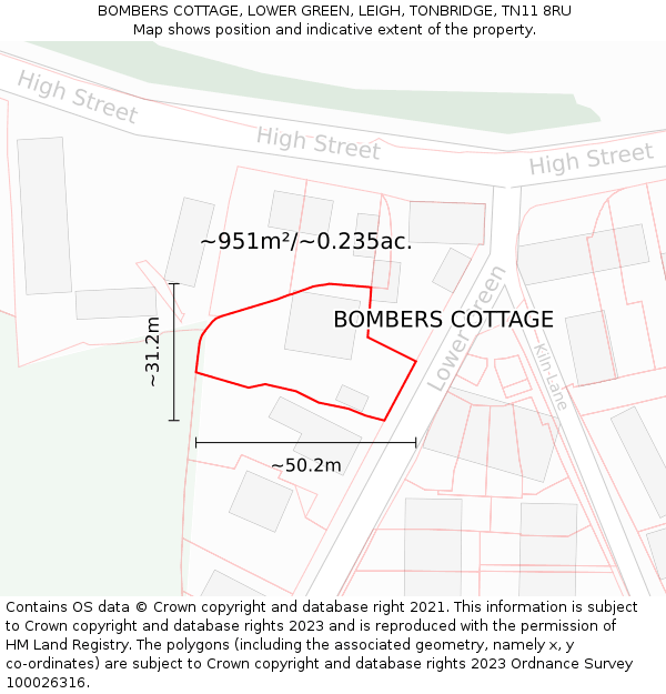 BOMBERS COTTAGE, LOWER GREEN, LEIGH, TONBRIDGE, TN11 8RU: Plot and title map