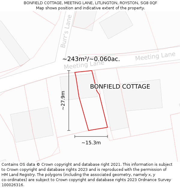BONFIELD COTTAGE, MEETING LANE, LITLINGTON, ROYSTON, SG8 0QF: Plot and title map