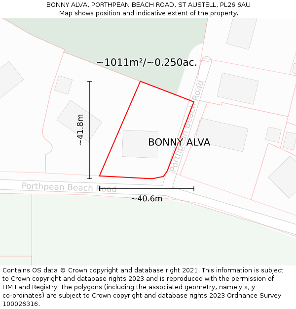 BONNY ALVA, PORTHPEAN BEACH ROAD, ST AUSTELL, PL26 6AU: Plot and title map