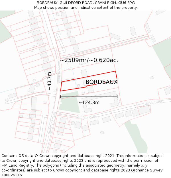 BORDEAUX, GUILDFORD ROAD, CRANLEIGH, GU6 8PG: Plot and title map