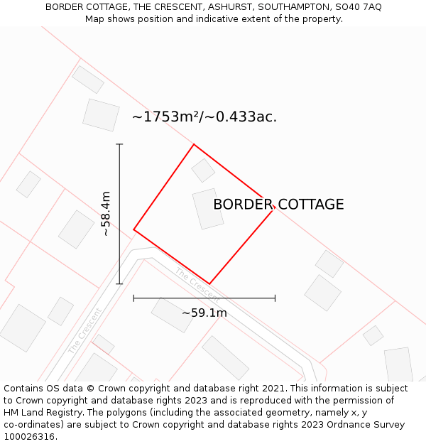 BORDER COTTAGE, THE CRESCENT, ASHURST, SOUTHAMPTON, SO40 7AQ: Plot and title map