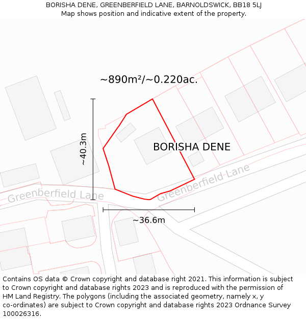 BORISHA DENE, GREENBERFIELD LANE, BARNOLDSWICK, BB18 5LJ: Plot and title map