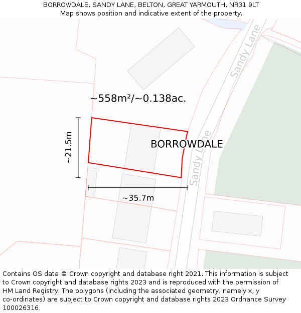 BORROWDALE, SANDY LANE, BELTON, GREAT YARMOUTH, NR31 9LT: Plot and title map