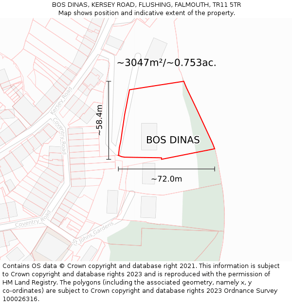 BOS DINAS, KERSEY ROAD, FLUSHING, FALMOUTH, TR11 5TR: Plot and title map