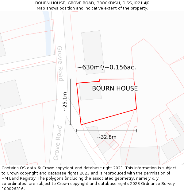 BOURN HOUSE, GROVE ROAD, BROCKDISH, DISS, IP21 4JP: Plot and title map