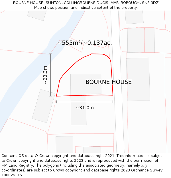 BOURNE HOUSE, SUNTON, COLLINGBOURNE DUCIS, MARLBOROUGH, SN8 3DZ: Plot and title map