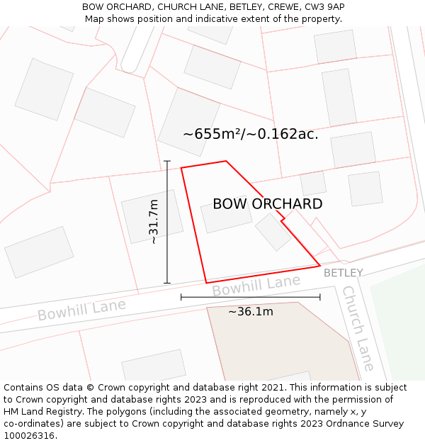 BOW ORCHARD, CHURCH LANE, BETLEY, CREWE, CW3 9AP: Plot and title map