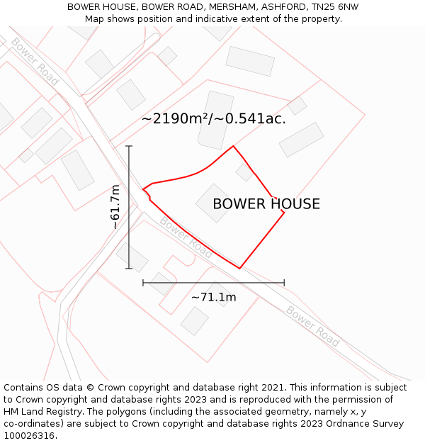 BOWER HOUSE, BOWER ROAD, MERSHAM, ASHFORD, TN25 6NW: Plot and title map