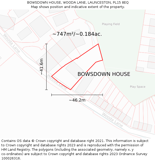 BOWSDOWN HOUSE, WOODA LANE, LAUNCESTON, PL15 8EQ: Plot and title map