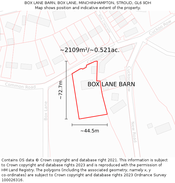 BOX LANE BARN, BOX LANE, MINCHINHAMPTON, STROUD, GL6 9DH: Plot and title map