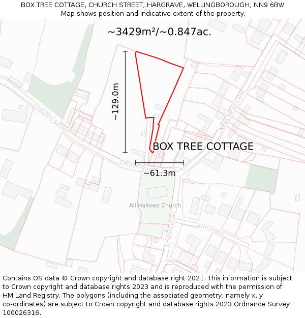 BOX TREE COTTAGE, CHURCH STREET, HARGRAVE, WELLINGBOROUGH, NN9 6BW: Plot and title map