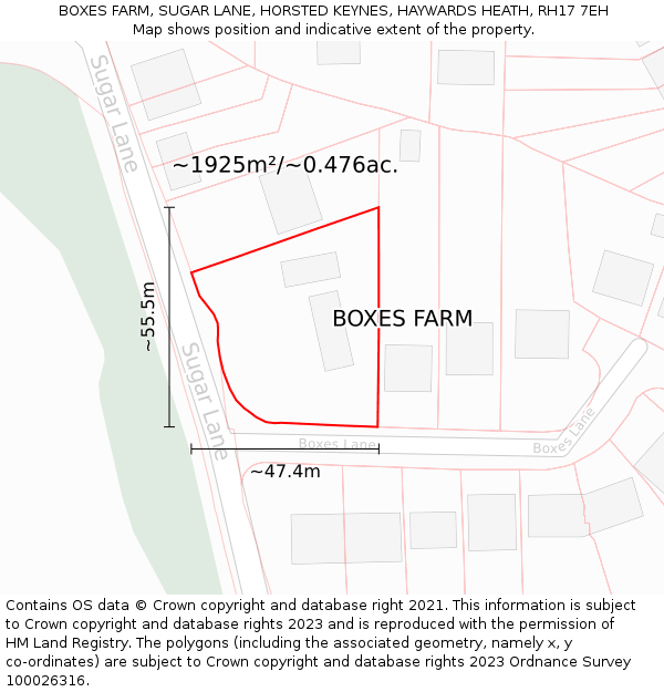 BOXES FARM, SUGAR LANE, HORSTED KEYNES, HAYWARDS HEATH, RH17 7EH: Plot and title map