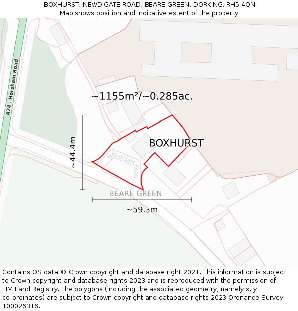 BOXHURST, NEWDIGATE ROAD, BEARE GREEN, DORKING, RH5 4QN: Plot and title map