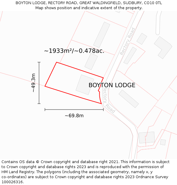 BOYTON LODGE, RECTORY ROAD, GREAT WALDINGFIELD, SUDBURY, CO10 0TL: Plot and title map