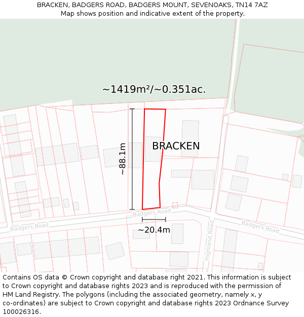 BRACKEN, BADGERS ROAD, BADGERS MOUNT, SEVENOAKS, TN14 7AZ: Plot and title map