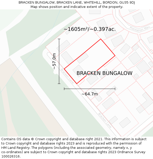 BRACKEN BUNGALOW, BRACKEN LANE, WHITEHILL, BORDON, GU35 9DJ: Plot and title map