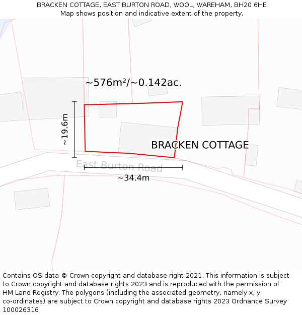 BRACKEN COTTAGE, EAST BURTON ROAD, WOOL, WAREHAM, BH20 6HE: Plot and title map