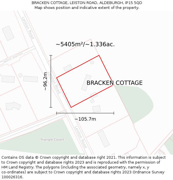 BRACKEN COTTAGE, LEISTON ROAD, ALDEBURGH, IP15 5QD: Plot and title map