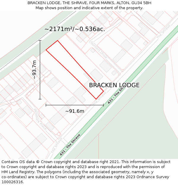 BRACKEN LODGE, THE SHRAVE, FOUR MARKS, ALTON, GU34 5BH: Plot and title map
