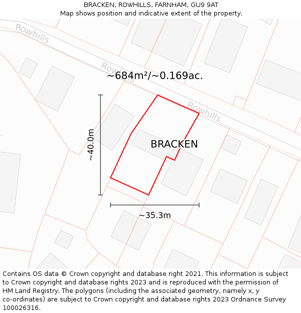 BRACKEN, ROWHILLS, FARNHAM, GU9 9AT: Plot and title map