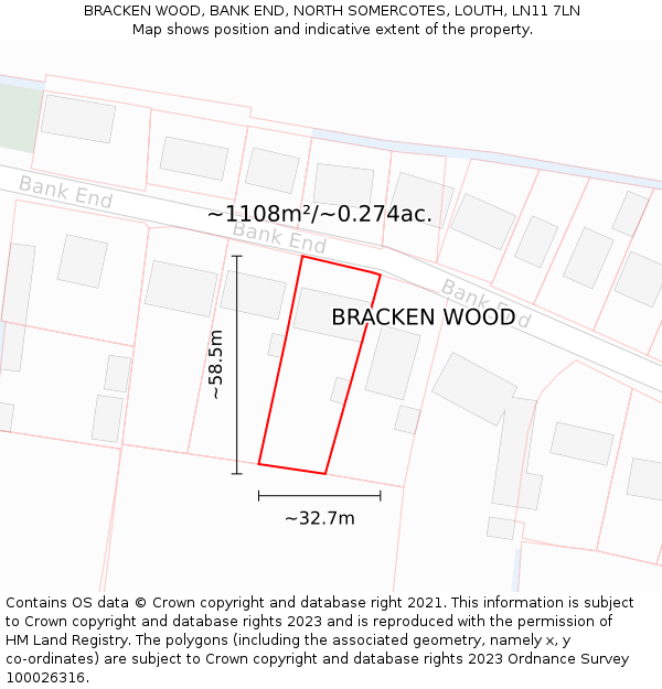 BRACKEN WOOD, BANK END, NORTH SOMERCOTES, LOUTH, LN11 7LN: Plot and title map