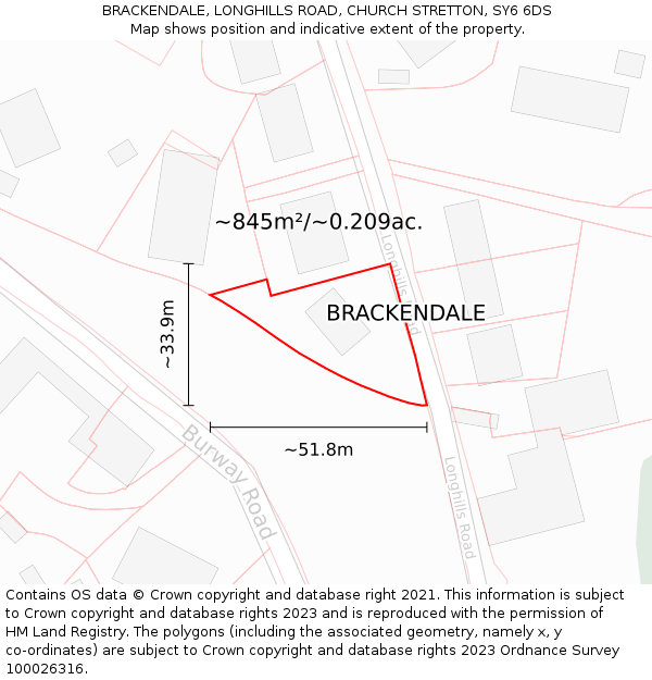 BRACKENDALE, LONGHILLS ROAD, CHURCH STRETTON, SY6 6DS: Plot and title map