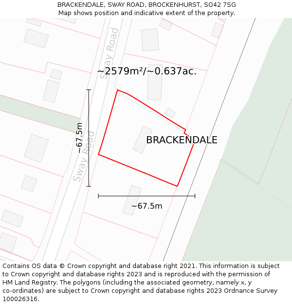 BRACKENDALE, SWAY ROAD, BROCKENHURST, SO42 7SG: Plot and title map
