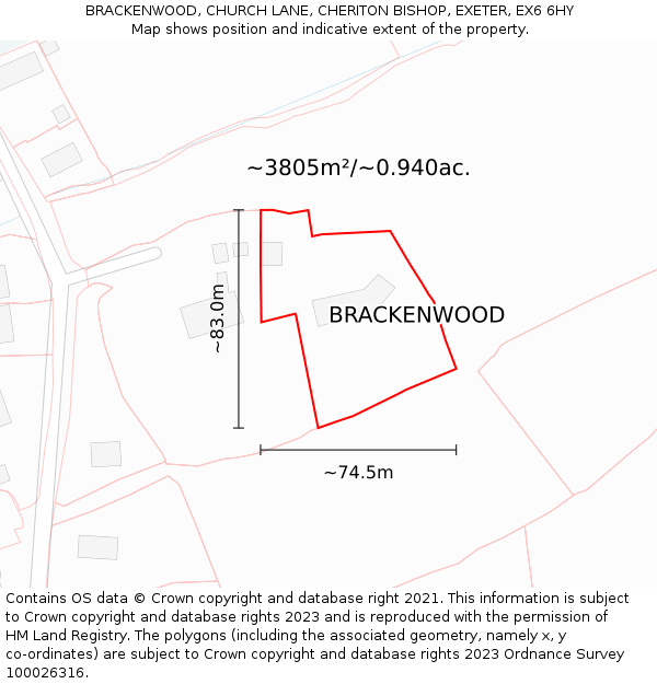 BRACKENWOOD, CHURCH LANE, CHERITON BISHOP, EXETER, EX6 6HY: Plot and title map