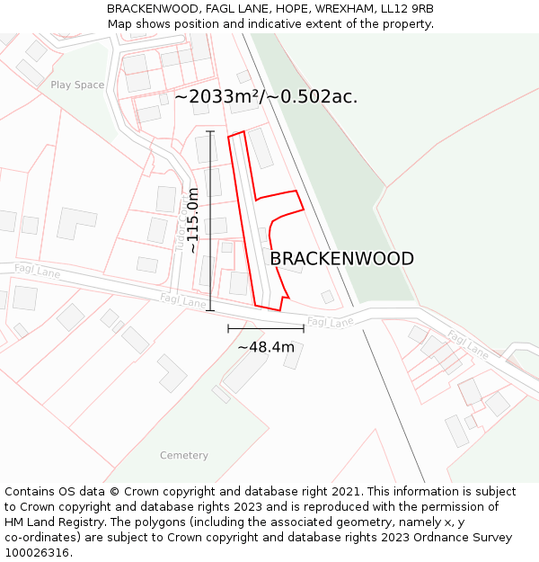 BRACKENWOOD, FAGL LANE, HOPE, WREXHAM, LL12 9RB: Plot and title map