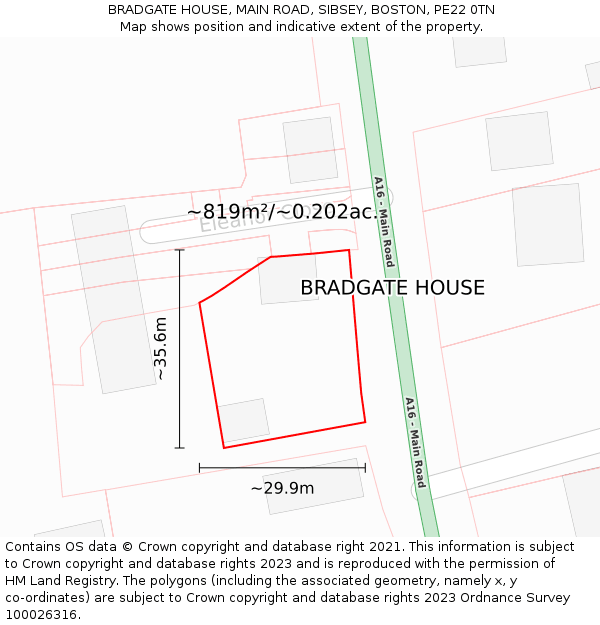 BRADGATE HOUSE, MAIN ROAD, SIBSEY, BOSTON, PE22 0TN: Plot and title map