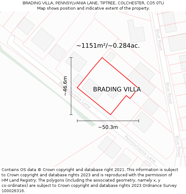 BRADING VILLA, PENNSYLVANIA LANE, TIPTREE, COLCHESTER, CO5 0TU: Plot and title map
