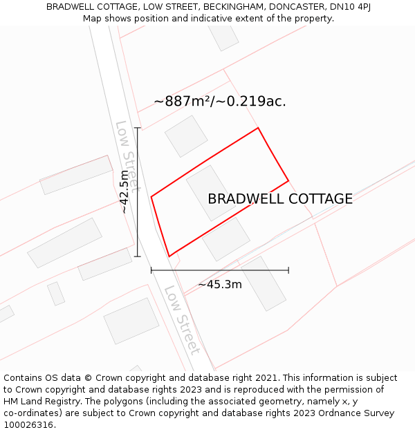 BRADWELL COTTAGE, LOW STREET, BECKINGHAM, DONCASTER, DN10 4PJ: Plot and title map