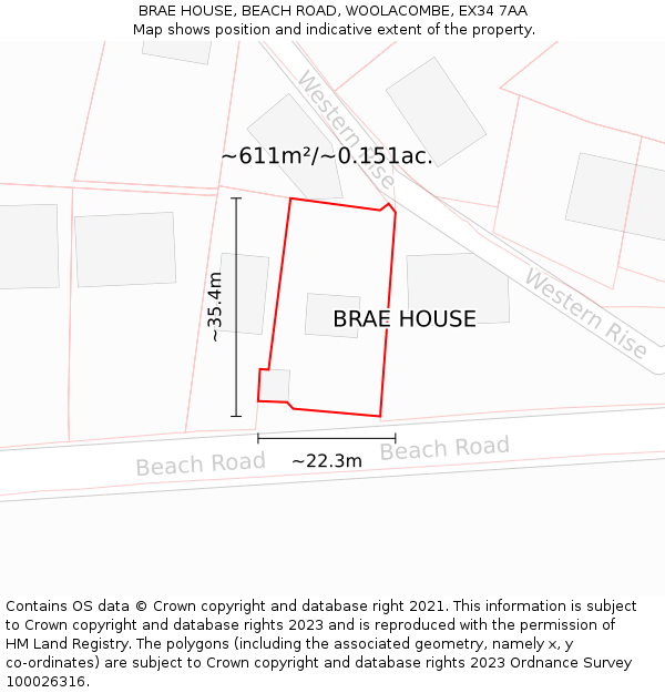 BRAE HOUSE, BEACH ROAD, WOOLACOMBE, EX34 7AA: Plot and title map