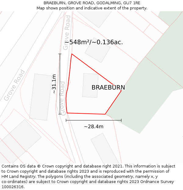 BRAEBURN, GROVE ROAD, GODALMING, GU7 1RE: Plot and title map