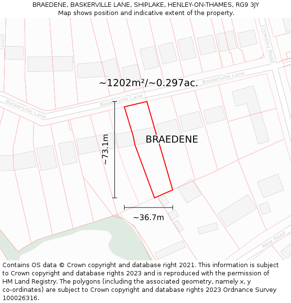 BRAEDENE, BASKERVILLE LANE, SHIPLAKE, HENLEY-ON-THAMES, RG9 3JY: Plot and title map