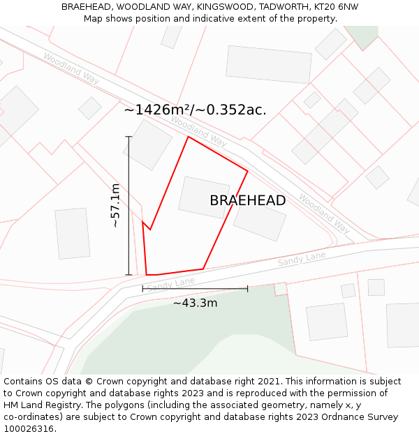 BRAEHEAD, WOODLAND WAY, KINGSWOOD, TADWORTH, KT20 6NW: Plot and title map