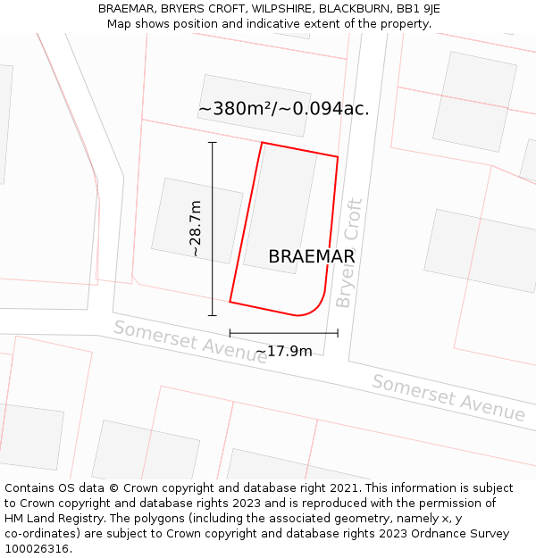 BRAEMAR, BRYERS CROFT, WILPSHIRE, BLACKBURN, BB1 9JE: Plot and title map