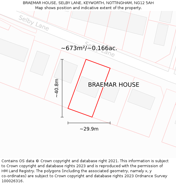 BRAEMAR HOUSE, SELBY LANE, KEYWORTH, NOTTINGHAM, NG12 5AH: Plot and title map