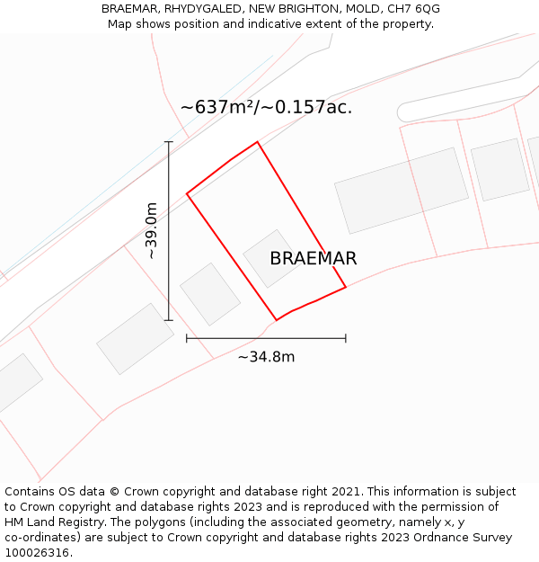 BRAEMAR, RHYDYGALED, NEW BRIGHTON, MOLD, CH7 6QG: Plot and title map