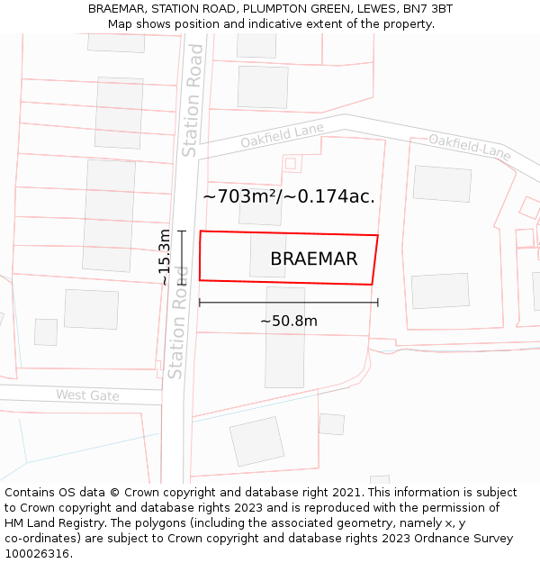 BRAEMAR, STATION ROAD, PLUMPTON GREEN, LEWES, BN7 3BT: Plot and title map