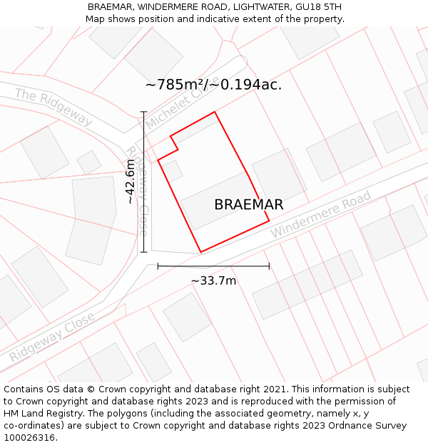 BRAEMAR, WINDERMERE ROAD, LIGHTWATER, GU18 5TH: Plot and title map