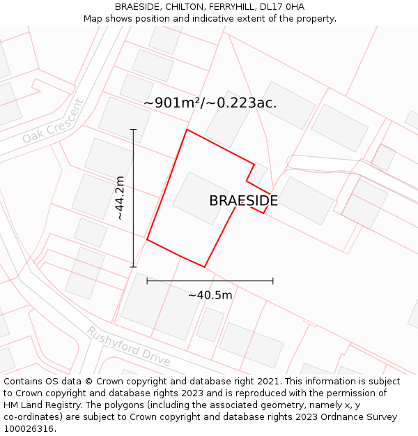 BRAESIDE, CHILTON, FERRYHILL, DL17 0HA: Plot and title map