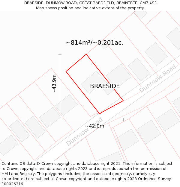 BRAESIDE, DUNMOW ROAD, GREAT BARDFIELD, BRAINTREE, CM7 4SF: Plot and title map